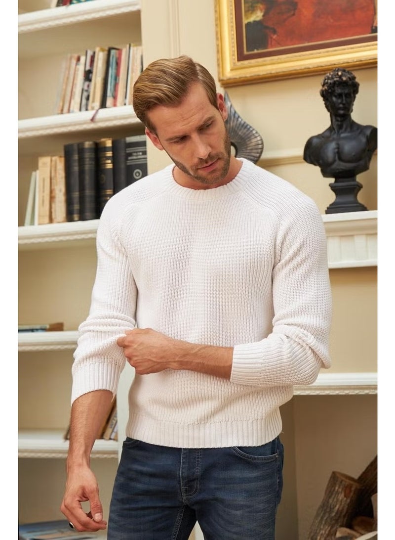 Odelon Crew Neck Selanik Knitted Cotton Men's White Knitwear Sweater - Image 1